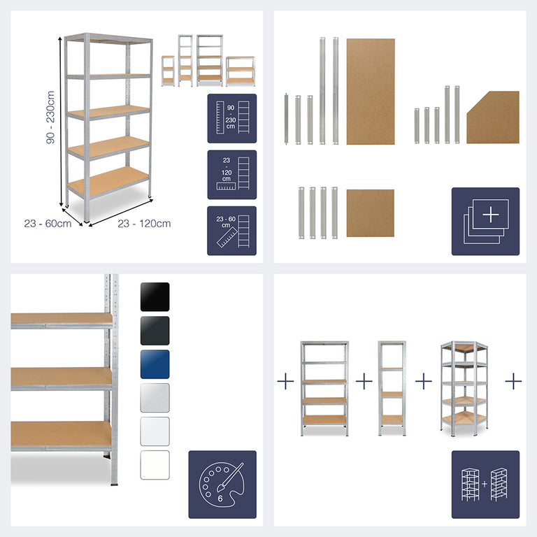 viele verschiedene Maße  und Farben erhältlich. zusätzliche Bodensets erhältlich. Regale sind mit weiteren shelfplaza Regalen gleicher Tiefe kombinierbar