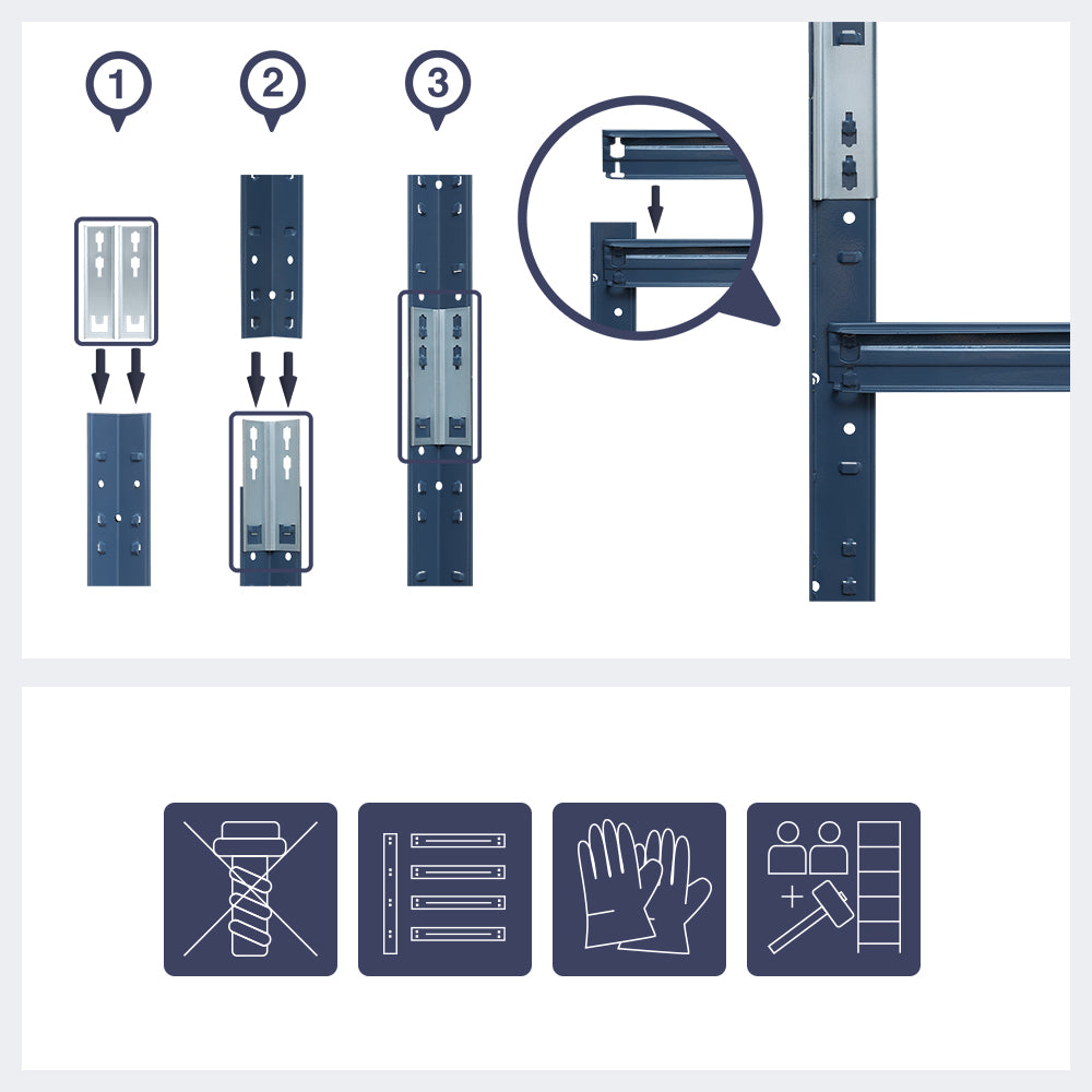 Darstellung des Aufeinandersteckens von Standelementen und Verbindern. Aufbauhinweise: Ohne Schrauben. Mit Handschuhen. Zu zweit mit Hammer