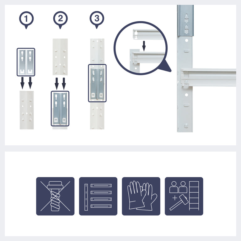 Darstellung des Aufeinandersteckens von Standelementen und Verbindern. Aufbauhinweise: Ohne Schrauben. Mit Handschuhen. Zu zweit mit Hammer