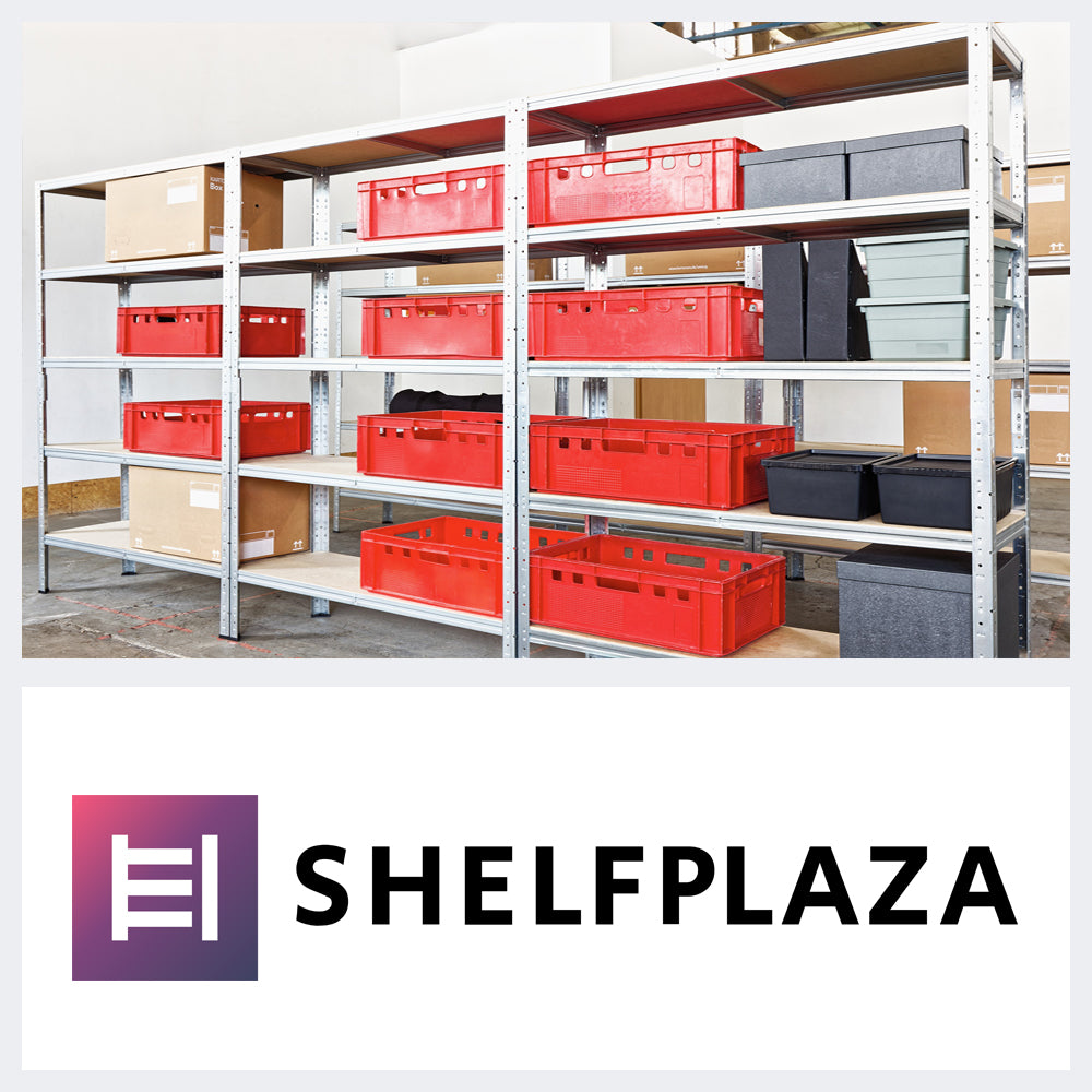 Büro mit mehreren schwarzen shelfplaza Regalen