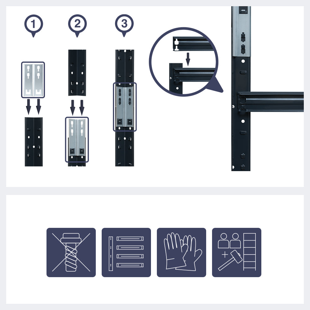 Darstellung des Aufeinandersteckens von Standelementen und Verbindern. Aufbauhinweise: Ohne Schrauben. Mit Handschuhen. Zu zweit mit Hammer