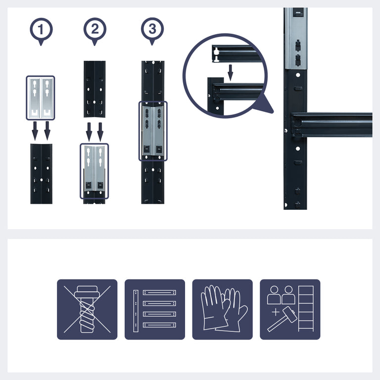 Darstellung des Aufeinandersteckens von Standelementen und Verbindern. Aufbauhinweise: Ohne Schrauben. Mit Handschuhen. Zu zweit mit Hammer